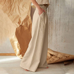Casual Pure Color High Waist Button Cotton Linen Wide Leg Long Pants