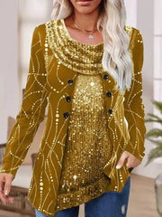 Sequin Stitching Flower Drop Collar Long Sleeve Fake Two-Piece Ladies Top T-Shirts