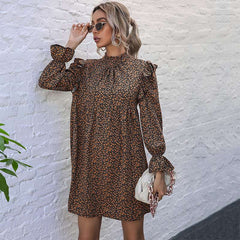 Casual Print Half high collar Long sleeve Falbala Shift Dresses