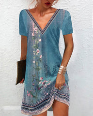Bohemia V neck Short Sleeve Woman Long Dresses Skater Dresses