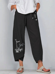 Elastic Waist Cotton Linen Loose bamboo printed Casual Pants