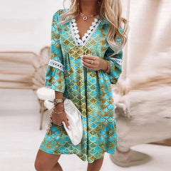 V-neck Casual Loose Paisley Print Long Sleeve Short Skater Dresses