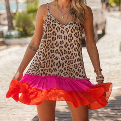 Casual Loose Leopard print V neck Sleeveless Gored Falbala Shift Dresses