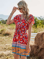 Casual Floral print V neck Short sleeve Drawstring Skater Dresses