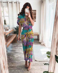 Elegant Short Sleeve Satin V neck maxi dresses for women