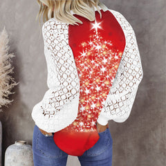 Christmas round neck printed lace lantern long-sleeved T-shirts