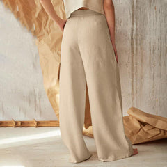 Casual Pure Color High Waist Button Cotton Linen Wide Leg Long Pants