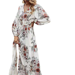 Fashion Casual Floral print V neck Long sleeve Lacing Skater Dresses