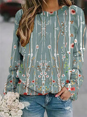 Vintage wome flower printed round neck long sleeve sweatshirts