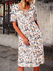 Fashion Floral print Round neck Short sleeve Shift Dresses