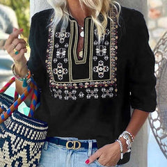 Casual Loose Embroidery V neck Long sleeve Blouses