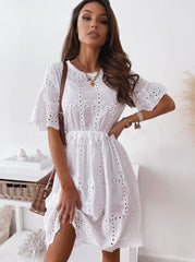 Embroidered Crew Neck Cutout Short Sleeve White Women's Skater Dresses