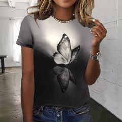 Butterfly Printed Women round neck loose short sleeve T-shirts Tops