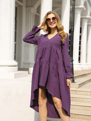 Casual Loose Pure Gored V neck Long sleeve Irregular Maxi Dresses