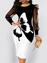Elegant Women Butterfly Printed Bodycon Mini Dress Puff Sleeve Cocktail Evening Party Gown Bodycon Dresses