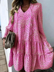Casual Loose Gored Print V neck Long sleeve Shift Dresses