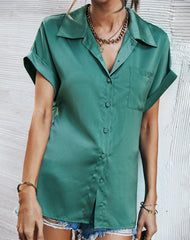 Elegant fashion turn down neck plain with pocket short sleeve blouses