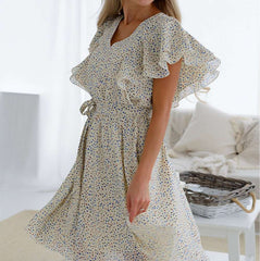 Fashion Casual Point print V neck Short sleeve Falbala Skater Dresses