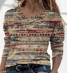 Cross V-Neck Button Printed Long Sleeve T-Shirts