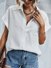 Elegant fashion turn down neck plain with pocket short sleeve blouses