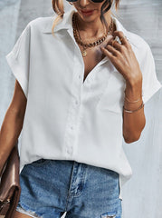 Elegant fashion turn down neck plain with pocket short sleeve blouses