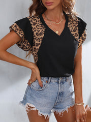 V neck leopard printed short sleeve summer T-shirts