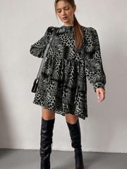 Casual Loose Leopard print Round neck Long sleeve Shift Dresses