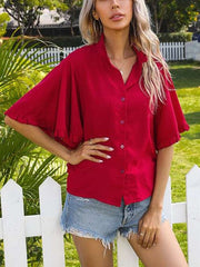 Casual Pure Stand collar Falbala Short sleeve Blouses