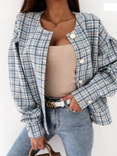 Women long sleeve round neck grid coats