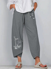 Elastic Waist Cotton Linen Loose bamboo printed Casual Pants