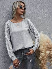 Solid color loose round neck long sleeve top lace t-shirt