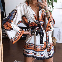 Casual Loose Floral print V neck Long sleeve Lacing Skater Dresses