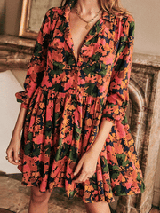 Casual Loose Floral print Lapel Three quarter sleeve Gored Fastener Shift Dresses