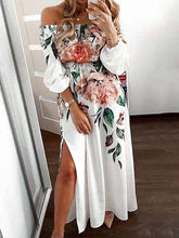 Casual Floral print One shoulder Long sleeve Vent Skater Dresses