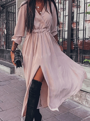 Casual Pure V neck Long sleeve Vent Skater Dresses