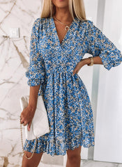 Deep v neck printed fashion floral puff skater dresses