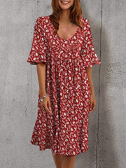V neck women fashion printed short sleeve shift dresses