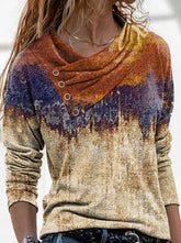 Cross V-Neck Button Printed Long Sleeve T-Shirts