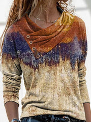 Cross V-Neck Button Printed Long Sleeve T-Shirts