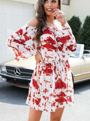 Casual Tie-dye Off shoulder Long sleeve Lacing Skater Dresses