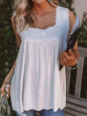 Casual Loose Pure Square collar Lace Sleeveless Vests