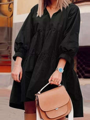 Casual Loose Pure V neck Puff sleeve Shift Dresses