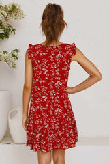 Fashion Floral print V neck Sleeveless Falbala Shift Dresses