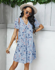 V neck short sleev floral printed women shift dresses