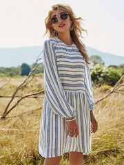 Casual Loose Stripe print Round neck Long sleeve Shift Dresses