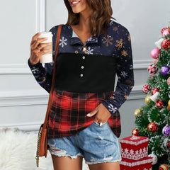Christmas Women Round Neck Button Snow Printed T-shirts