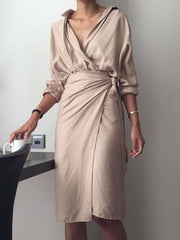 Fashion Pure Irregular Lacing Long sleeve V neck Bodycon Dresses