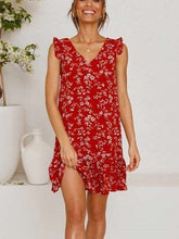 Fashion Floral print V neck Sleeveless Falbala Shift Dresses