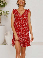 Fashion Floral print V neck Sleeveless Falbala Shift Dresses