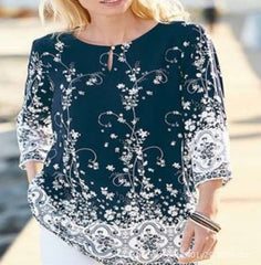Casual Floral print Round neck Three quarter sleeve T-Shirts